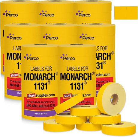 Perco Pricing Labeler Labels For Monarch 1131 - Yellow Case of 8 Sleeves / 64 Rolls / 160000 Blank Pricing Labels