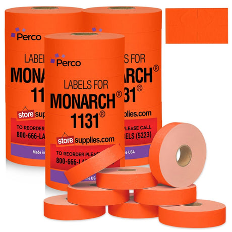 Perco Pricing Labeler Labels For Monarch 1131 - Fluorescent Red 3 Sleeves / 24 Rolls / 60000 Blank Pricing Labels