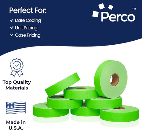 Perco Pricing Labeler Labels For Monarch 1131 - Fluorescent Green Case of 8 Sleeves / 64 Rolls / 160000 Blank Pricing Labels