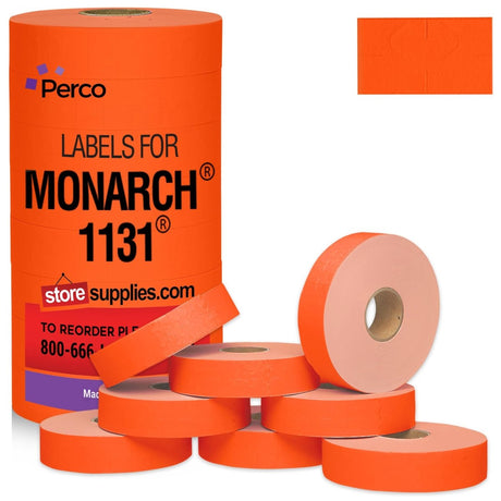 Perco Pricing Labeler Labels For Monarch 1131 - Fluorescent Red 1 Sleeve / 8 Rolls / 20000 Blank Pricing Labels
