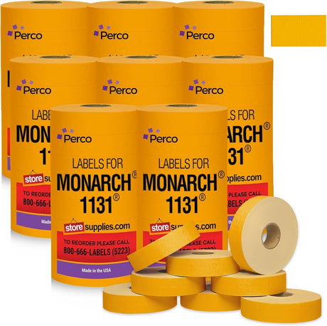 Perco Pricing Labeler Labels For Monarch 1131 - Fluorescent Orange Case of 8 Sleeves / 64 Rolls / 160000 Blank Pricing Labels