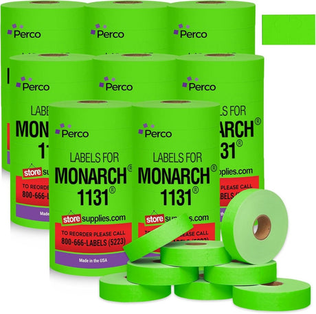 Perco Pricing Labeler Labels For Monarch 1131 - Fluorescent Green Case of 8 Sleeves / 64 Rolls / 160000 Blank Pricing Labels