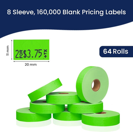 Perco Pricing Labeler Labels For Monarch 1131 - Fluorescent Green Case of 8 Sleeves / 64 Rolls / 160000 Blank Pricing Labels