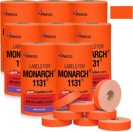 Perco Pricing Labeler Labels For Monarch 1131 - Fluorescent Red Case of 8 Sleeves / 64 Rolls / 160000 Blank Pricing Labels