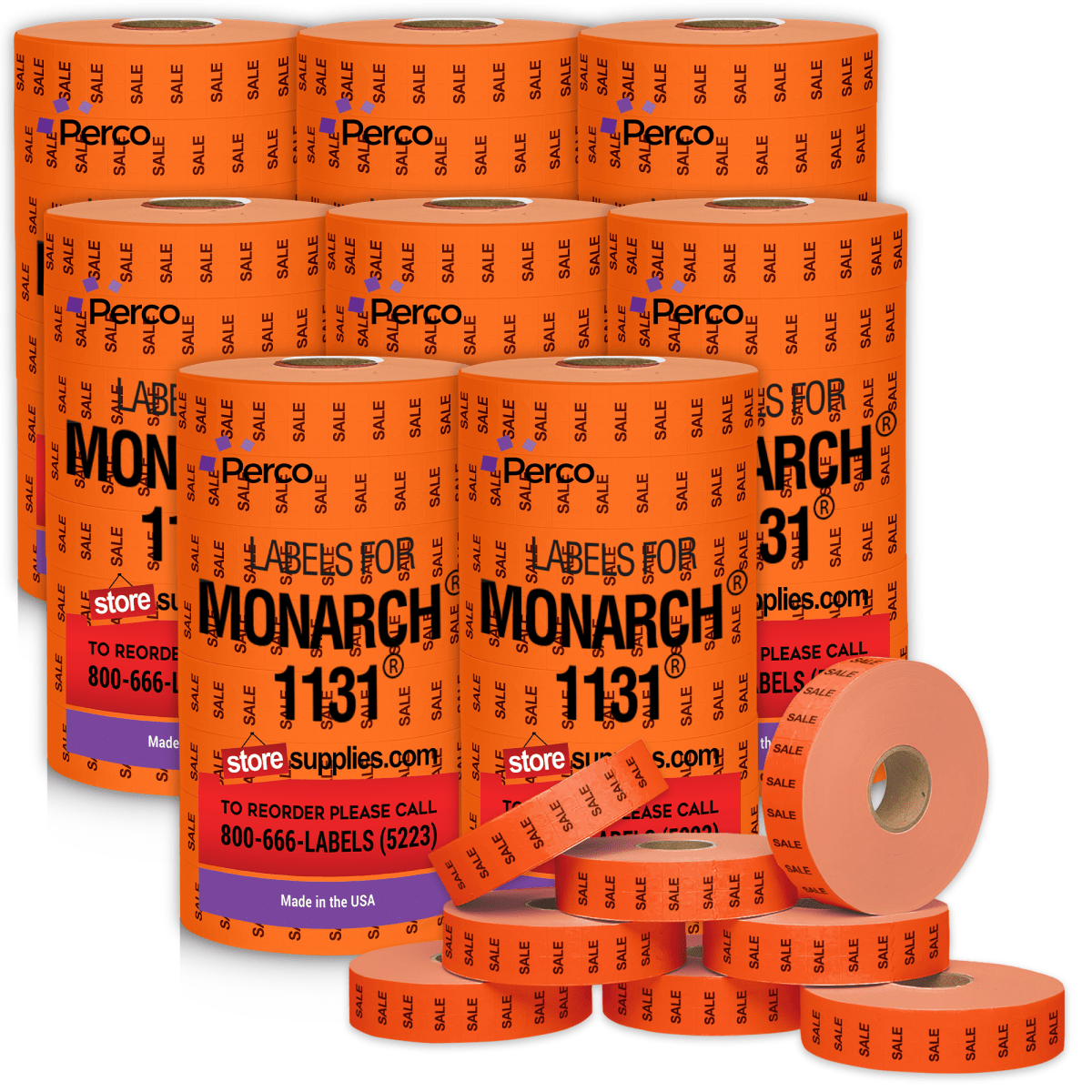 Perco Pricing Labels for Monarch 1131 Price Gun – Price Marking Labels with Ink Rolls Included - Sale 8 Sleeves / 64 Rolls / 160000 Blank Pricing Labels