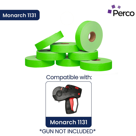 Perco Pricing Labels for Monarch 1131 Price Gun – Price Marking Labels with Ink Rolls Included - Fluorescent Green 8 Sleeves / 64 Rolls / 160000 Blank Pricing Labels