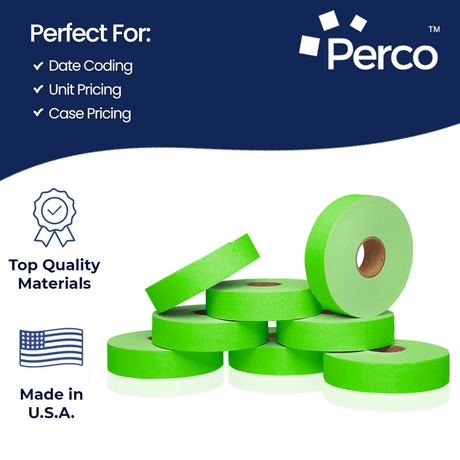 Perco Pricing Labels for Monarch 1131 Price Gun – Price Marking Labels with Ink Rolls Included - Fluorescent Green 3 Sleeves / 24 Rolls / 60000 Blank Pricing Labels