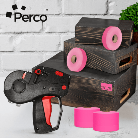 Perco Pricing Labels for Monarch 1131 Price Gun – Price Marking Labels with Ink Rolls Included - Fluorescent Pink 8 Sleeves / 64 Rolls / 160000 Blank Pricing Labels