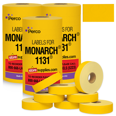 Perco Pricing Labels for Monarch 1131 Price Gun – Price Marking Labels with Ink Rolls Included - Yellow 3 Sleeves / 24 Rolls / 60000 Blank Pricing Labels