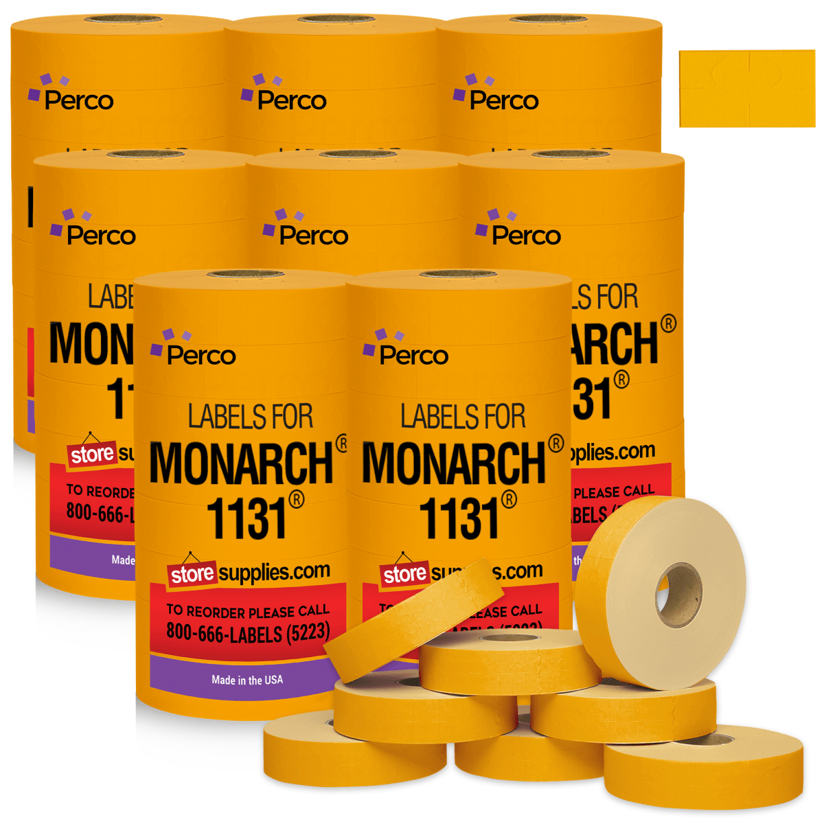 Perco Pricing Labels for Monarch 1131 Price Gun – Price Marking Labels with Ink Rolls Included - Fluorescent Orange 8 Sleeves / 64 Rolls / 160000 Blank Pricing Labels