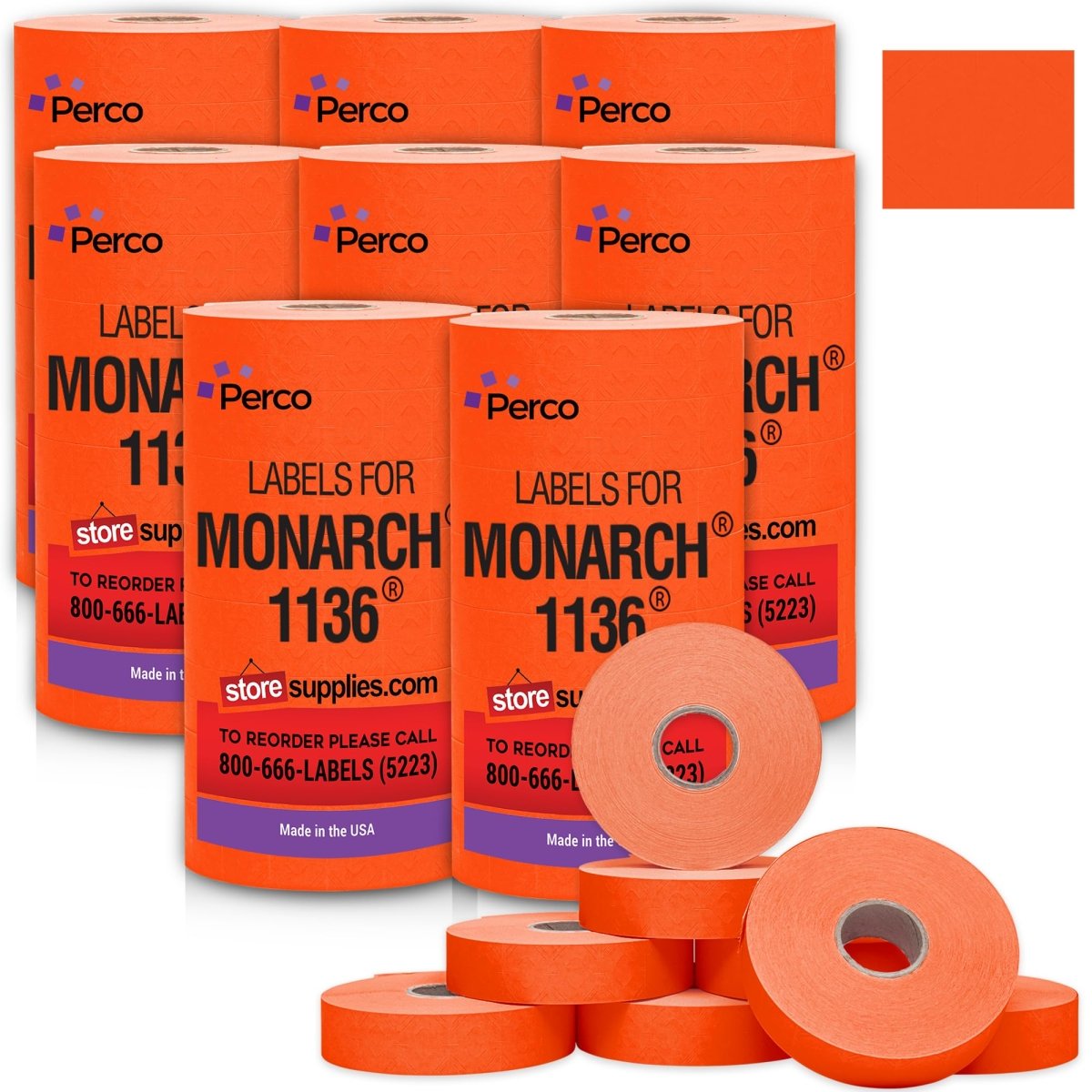 Perco Pricing Labels for Monarch 1136 - Fluorescent Red Case of 8 Sleeves / 64 Rolls / 112000 Blank Pricing Labels