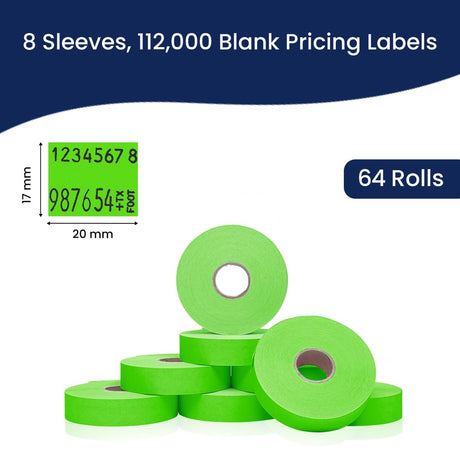Perco Pricing Labels for Monarch 1136 - Fluorescent Green Case of 8 Sleeves / 64 Rolls / 112000 Blank Pricing Labels