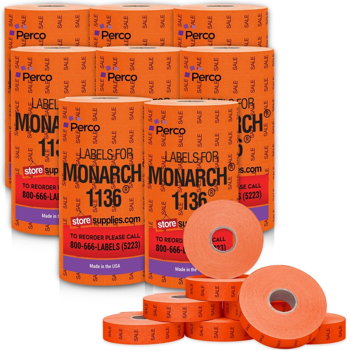 Perco Pricing Labels for Monarch 1136 - Fluorescent Red Sale Case of 8 Sleeves / 64 Rolls / 112000 Blank Pricing Labels