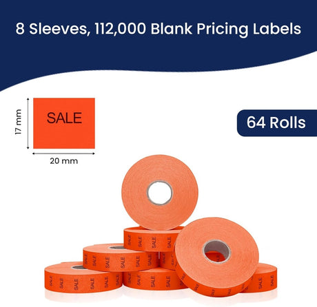 Perco Pricing Labels for Monarch 1136 - Fluorescent Red Sale Case of 8 Sleeves / 64 Rolls / 112000 Blank Pricing Labels