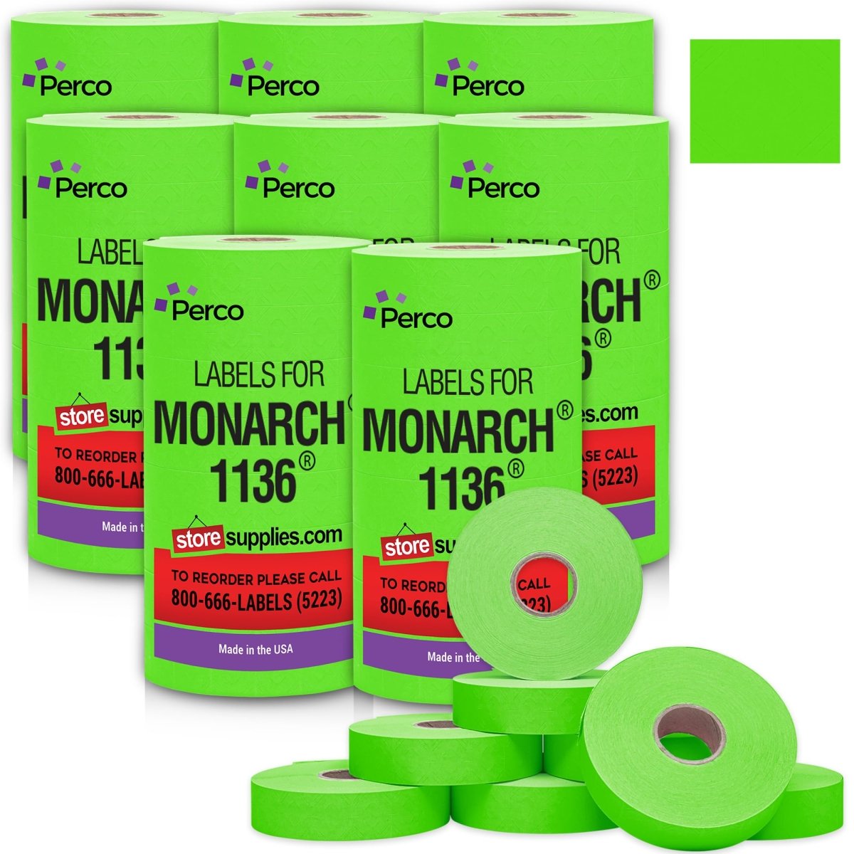 Perco Pricing Labels for Monarch 1136 - Fluorescent Green Case of 8 Sleeves / 64 Rolls / 112000 Blank Pricing Labels