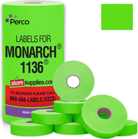 Perco Pricing Labels for Monarch 1136 - Fluorescent Green 1 Sleeve / 8 Rolls / 14000 Blank Pricing Labels