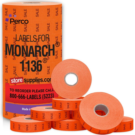 Perco Pricing Labels for Monarch 1136 - Fluorescent Red Sale 1 Sleeve / 8 Rolls / 14000 Blank Pricing Labels