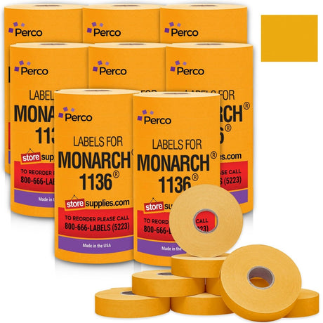 Perco Pricing Labels for Monarch 1136 - Fluorescent Orange Case of 8 Sleeves / 64 Rolls / 112000 Blank Pricing Labels