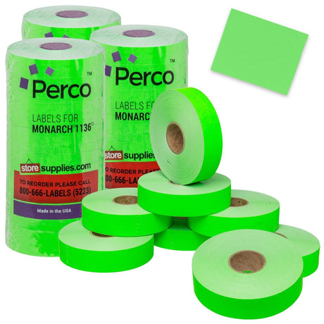Perco Pricing Labels for Monarch 1136 - Fluorescent Green 3 Sleeves / 24 Rolls / 42000 Blank Pricing Labels