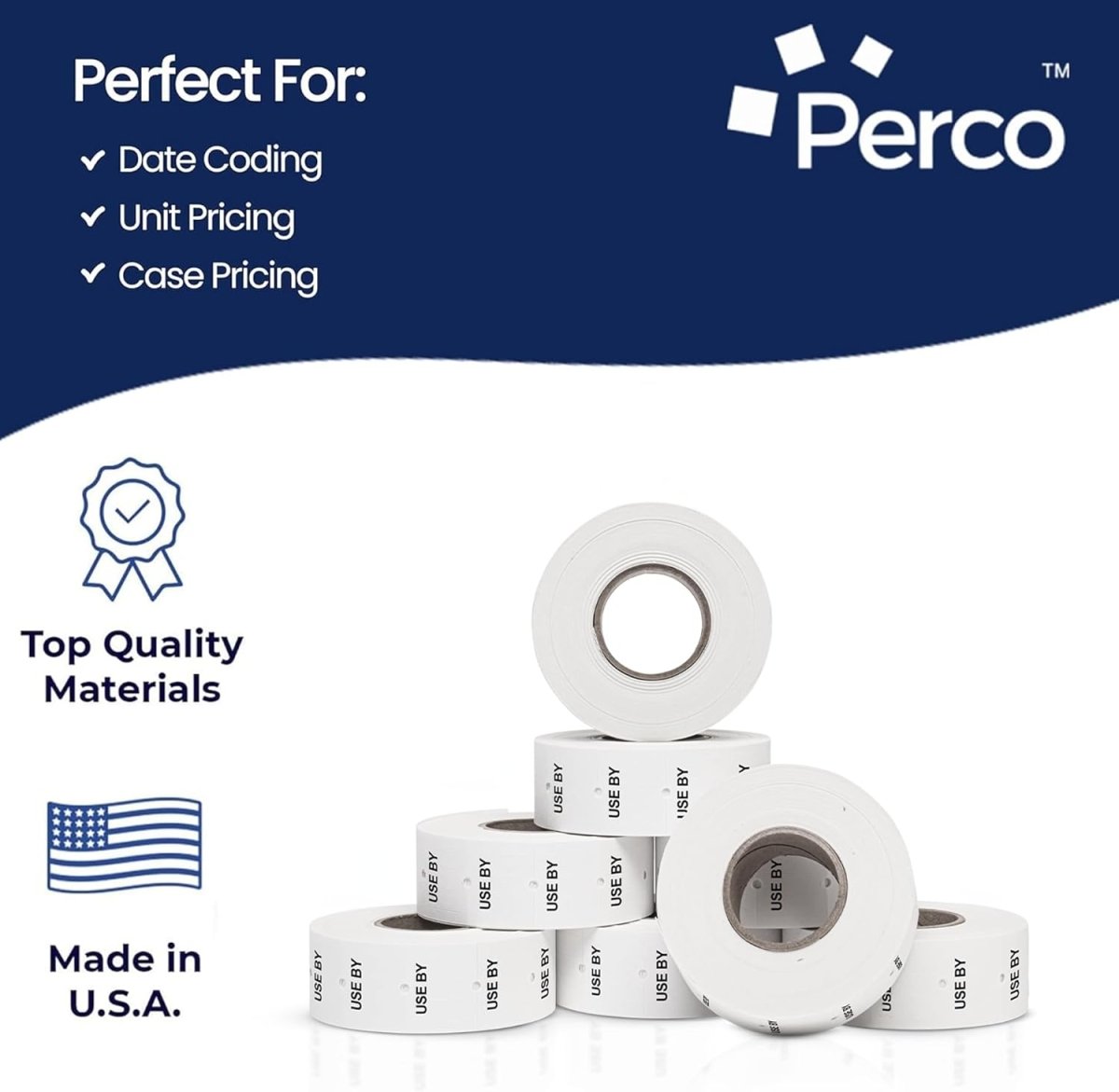 Perco Pro - 2 Line Date Labels for Perco 2 Line Date Guns - Made in USA - USE BY 1 Sleeve / 8 Rolls / 6000 Blank Date Labels