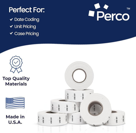 Perco Pro - 2 Line Date Labels for Perco 2 Line Date Guns - Made in USA - USE BY 1 Sleeve / 8 Rolls / 6000 Blank Date Labels