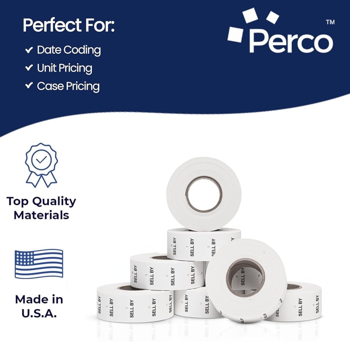 Perco Pro - 2 Line Date Labels for Perco 2 Line Date Guns - Made in USA - SELL BY 4 Sleeves / 32 Rolls / 24000 Blank Date Labels