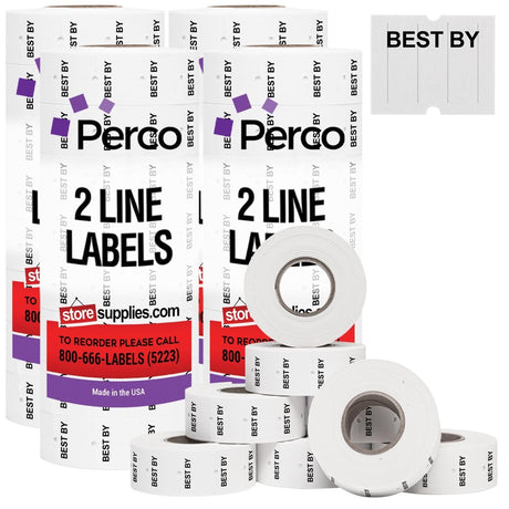 Perco Pro - 2 Line Date Labels for Perco 2 Line Date Guns - Made in USA - BEST BY 4 Sleeves / 32 Rolls / 24000 Blank Date Labels