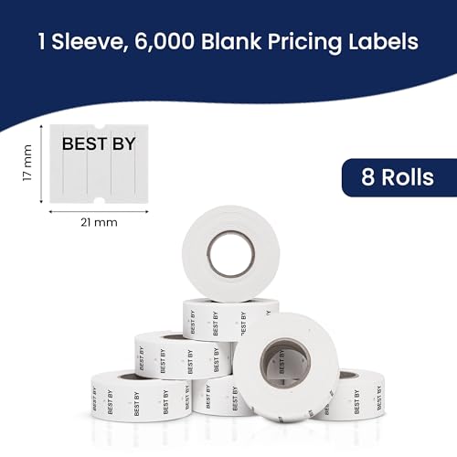 Perco Pro - 2 Line Date Labels for Perco 2 Line Date Guns - Made in USA - BEST BY 1 Sleeve / 8 Rolls / 6000 Blank Date Labels