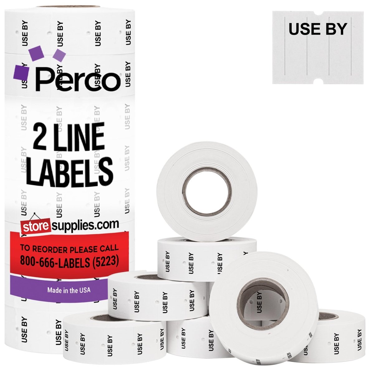 Perco Pro - 2 Line Date Labels for Perco 2 Line Date Guns - Made in USA - USE BY 1 Sleeve / 8 Rolls / 6000 Blank Date Labels