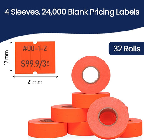Perco Pro 2 - Line Labels - Fluorescent Red Package of 4 Sleeves / 32 Rolls / 24000 Blank Pricing Labels
