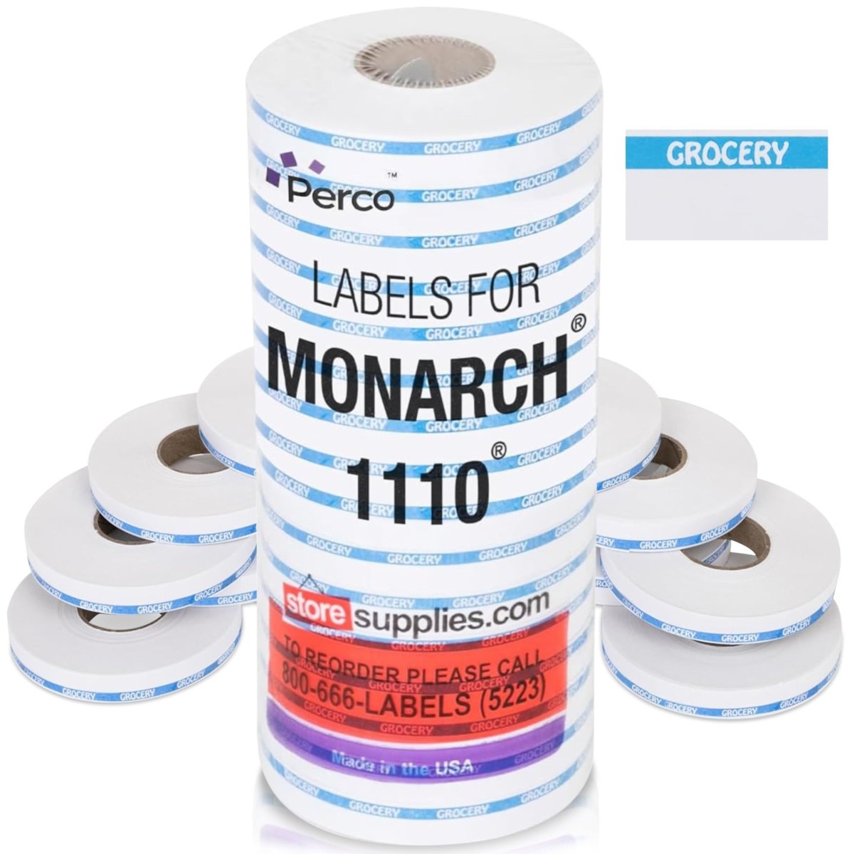 Perco Reverse Print Pricing Labels for Monarch 1110 - Grocery (Blue) 1 Sleeve / 16 Rolls / 17000 Reverse Print Pricing Labels