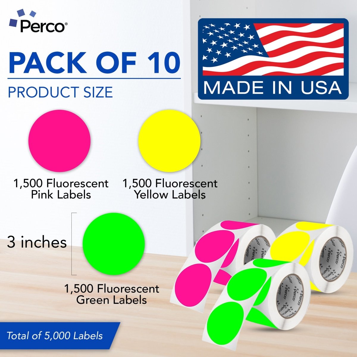 Perco Round Dot Sticker Labels - Permanent Adhesive, 0.5 to 4 Inch, 3 - Roll & 10 - Roll Packs - 3 Inch 10 Rolls