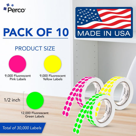 Perco Round Dot Sticker Labels - Permanent Adhesive, 0.5 to 4 Inch, 3 - Roll & 10 - Roll Packs - 0.5 Inch 10 Rolls