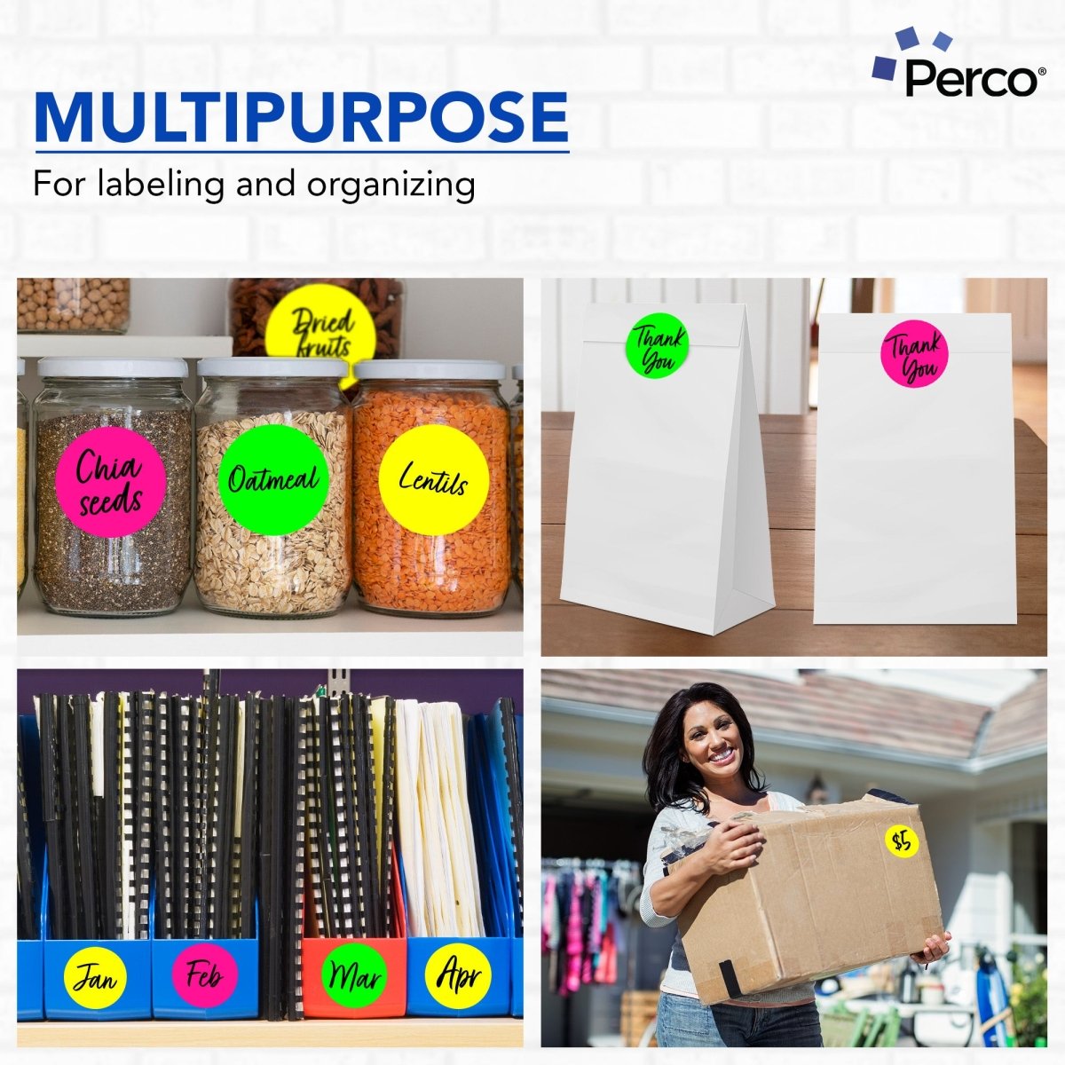 Perco Round Dot Sticker Labels - Permanent Adhesive, 0.5 to 4 Inch, 3 - Roll & 10 - Roll Packs - 3 Inch 10 Rolls