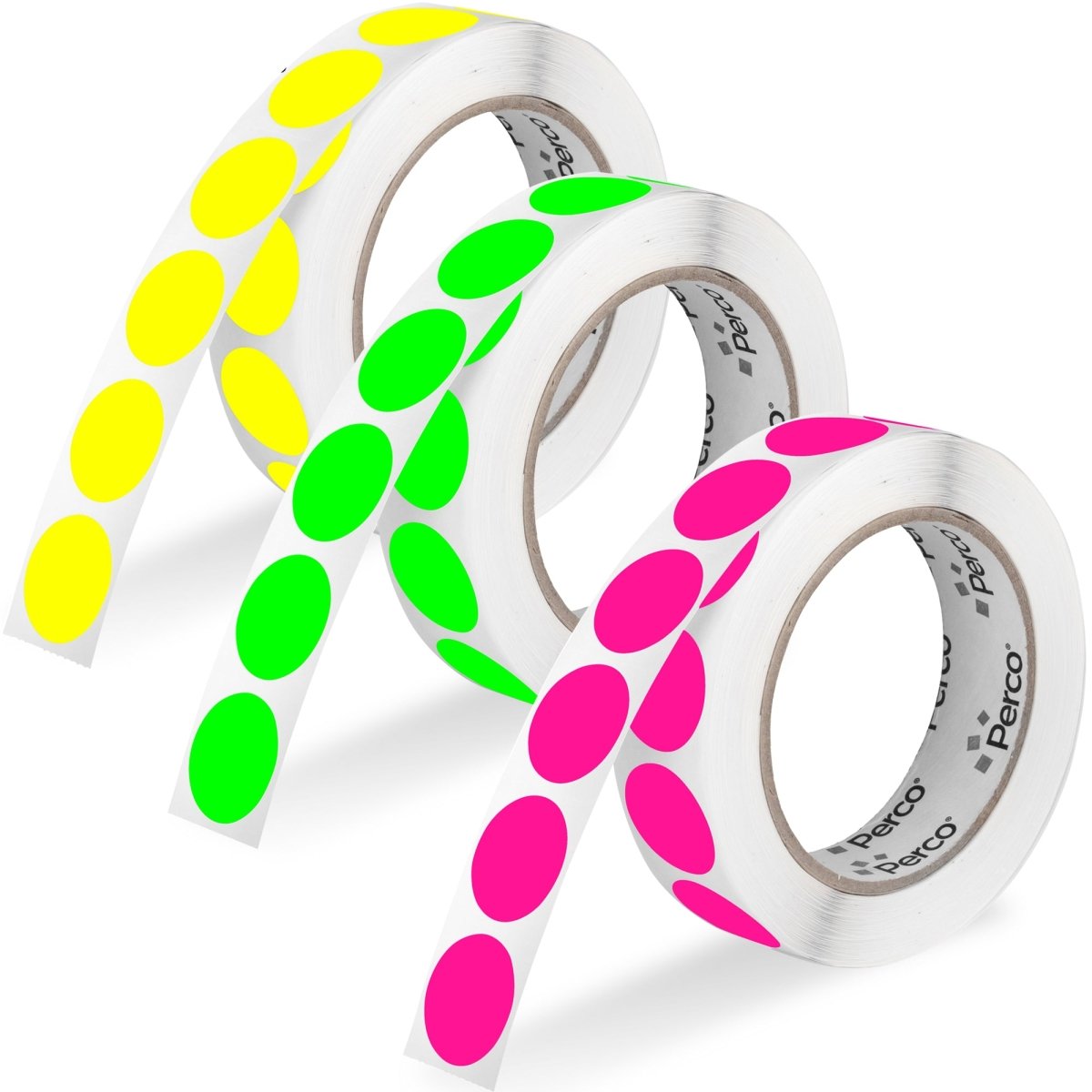 Perco Round Dot Sticker Labels - Permanent Adhesive, 0.5 to 4 Inch, 3 - Roll & 10 - Roll Packs - 1 Inch 3 Rolls