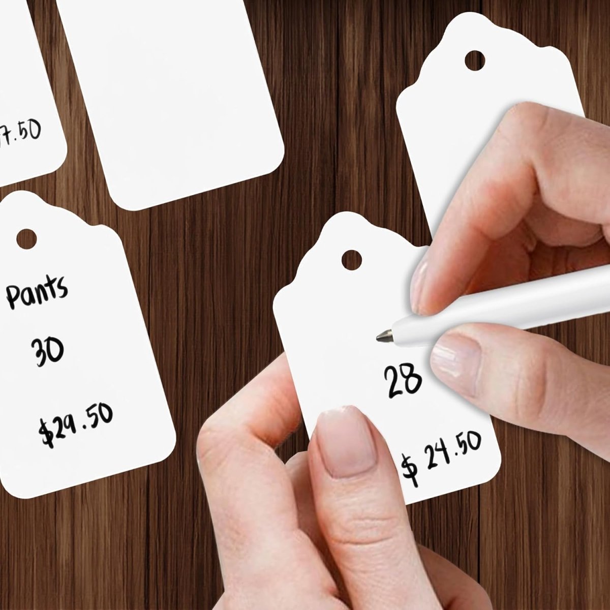 Perco White Merchandise Unstrung Tags - Compatible with compatible_with_product_page | Color: 5000 Tags | Quantity: 27x45 mm | Adhesive: global.AdhesiveType | SKU: PL-WHITEPAPERTAG-UNSTRUNG-5k | - shop_