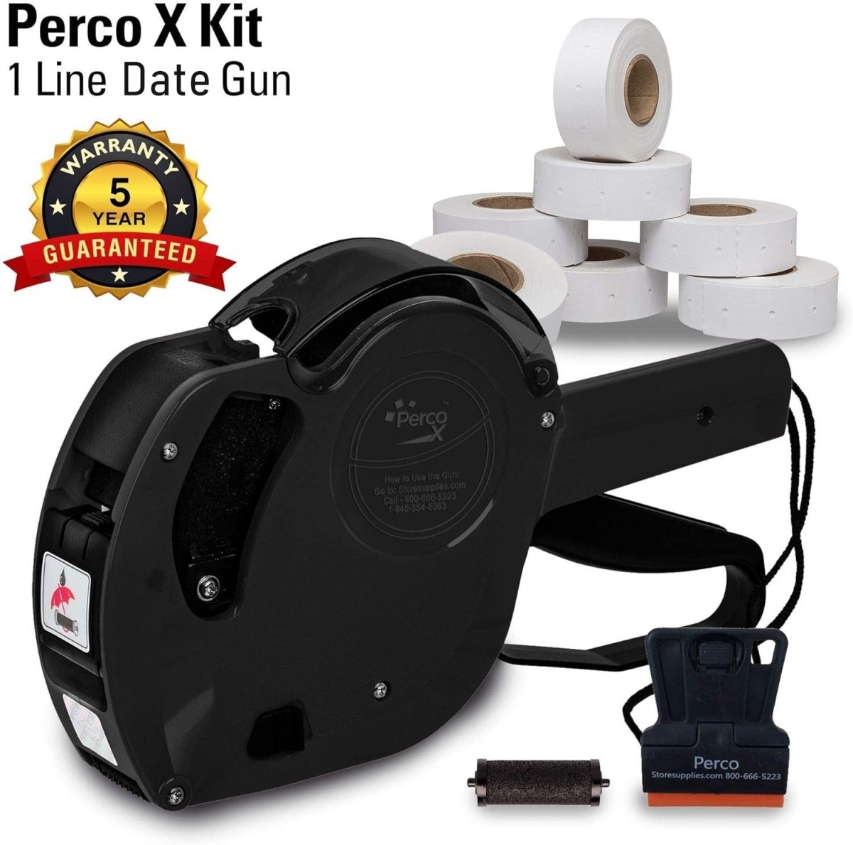 Perco X 1 Line Price and Date Gun with Labels Kits - Includes 9,000 Blank White Labels, 2 inkers and a scraper. - Store Supplies