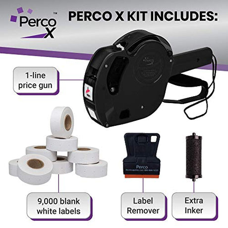Perco X 1 Line Price and Date Gun with Labels Kits - Includes 9,000 Blank White Labels, 2 inkers and a scraper. - Store Supplies
