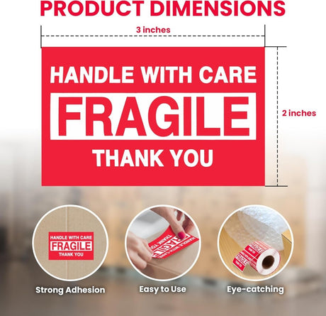 Perco"3 x 2" Inch Fragile Labels Handle with Care Warning Packing Shipping Label - Permanent Adhesive - Store Supplies