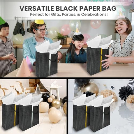 RACHELLE'S Paper Gift Bag Assortment - Perfect for Birthdays, Parties, Holidays, and More (Black, Silver and Gold) - Store Supplies