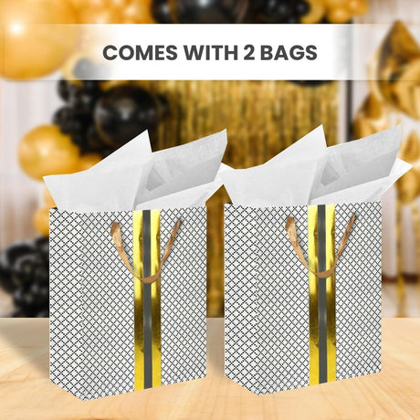 RACHELLE'S Paper Gift Bag Assortment - Perfect for Birthdays, Parties, Holidays, and More (Black, Silver and Gold) - Store Supplies