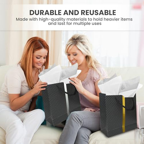 RACHELLE'S Paper Gift Bag Assortment - Perfect for Birthdays, Parties, Holidays, and More (Black, Silver and Gold) - Store Supplies