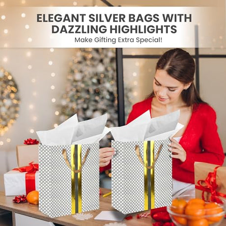 RACHELLE'S Paper Gift Bag Assortment - Perfect for Birthdays, Parties, Holidays, and More (Black, Silver and Gold) - Store Supplies