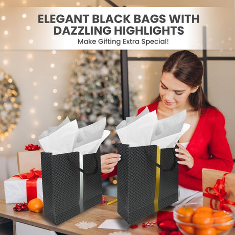 RACHELLE'S Paper Gift Bag Assortment - Perfect for Birthdays, Parties, Holidays, and More (Black, Silver and Gold) - Store Supplies