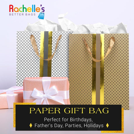RACHELLE'S Paper Gift Bag Assortment - Perfect for Birthdays, Parties, Holidays, and More (Black, Silver and Gold) - Store Supplies