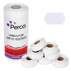 Perco Standard Adhesive White Labels for Meto 622/822 Price Gun - 14 Rolls, 21000 Labels with 1 Inker