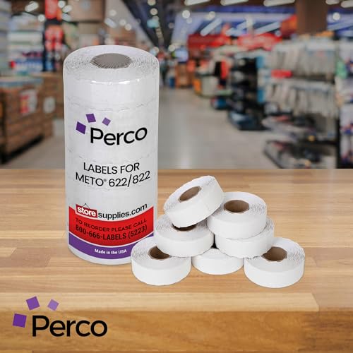 Perco Standard Adhesive White Labels for Meto 622/822 Price Gun - 14 Rolls, 21000 Labels with 1 Inker