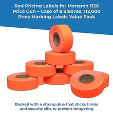 Red Pricing Labels for Monarch 1136 Price Gun - Case of 8 Sleeves, 112,000 Pricemarking Labels Value Pack - with Bonus Ink Rolls Included