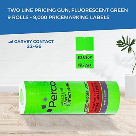 Perco 2216 Pricing Labels for Garvey 22 - 66/22 - 77/22 - 88 Two Line Pricing Gun, Fluorescent Green Pricemarking Labels - Store Supplies