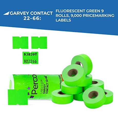 Perco 2216 Pricing Labels for Garvey 22 - 66/22 - 77/22 - 88 Two Line Pricing Gun, Fluorescent Green Pricemarking Labels - Store Supplies